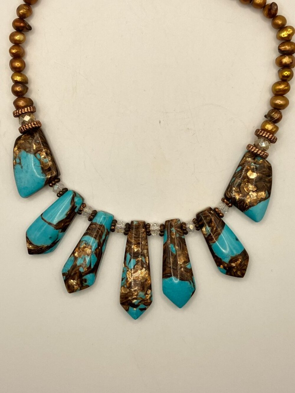 Gorgeous Freshwater Pearls Turquoise Bronzite Pyrite Graduated Necklace 18 inch